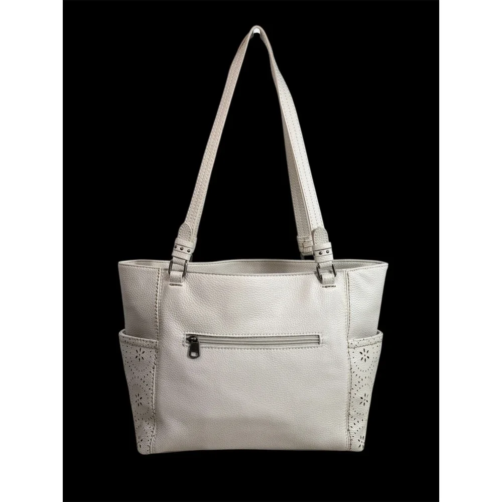 The Sak Sequoia Tote Beige Pebbled Leather Perforated Floral Tote Shoulder Bag
